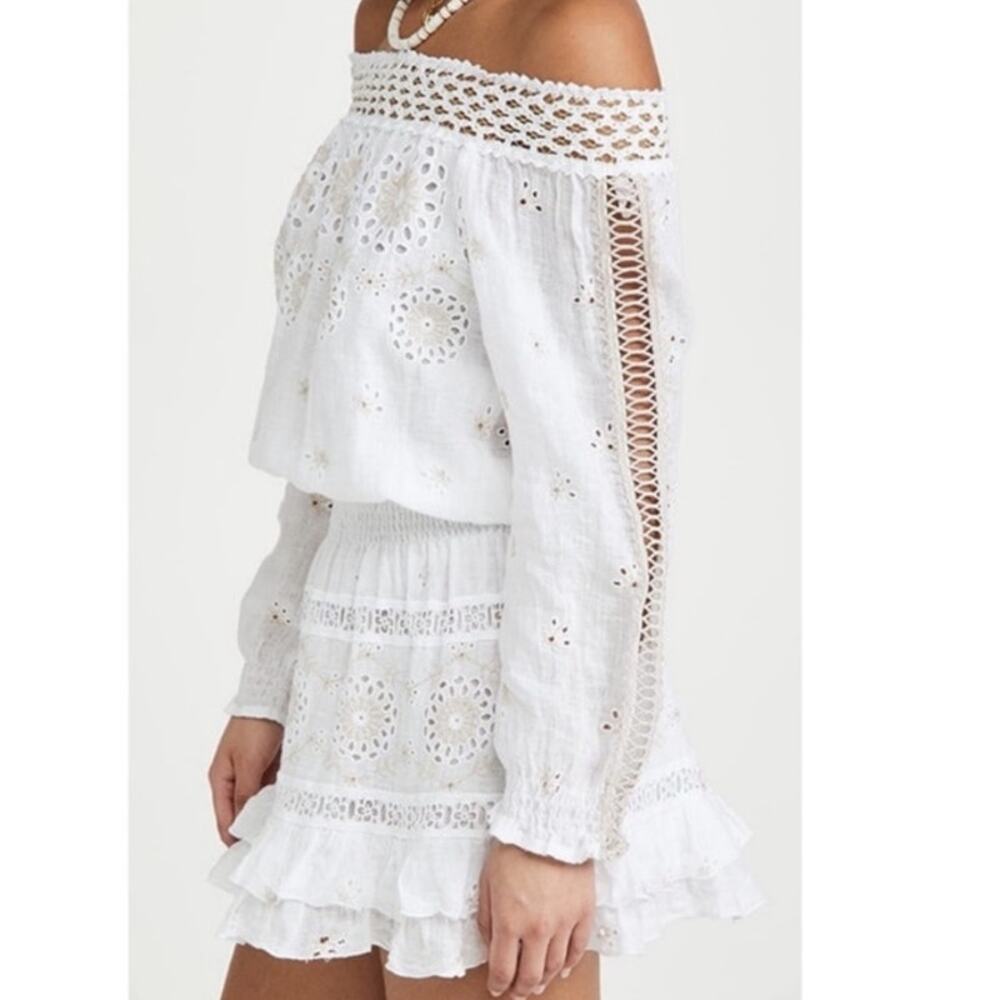 Temptation Positano Irlanda White Smocked‎ Eyelet 100% Linen Mini Dress - Picture 4 of 12